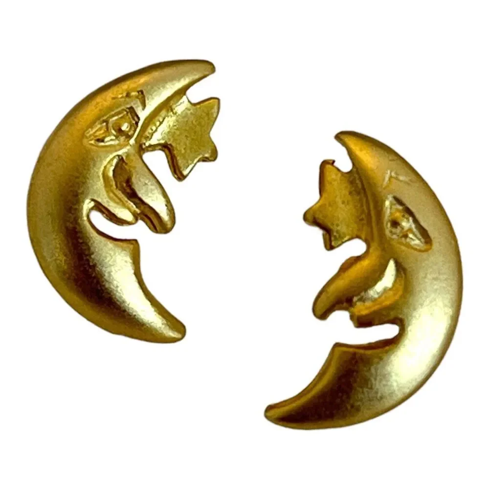 Vintage 1980s Stud Earrings Brushed Gold Tone Man in the Moon - 13U